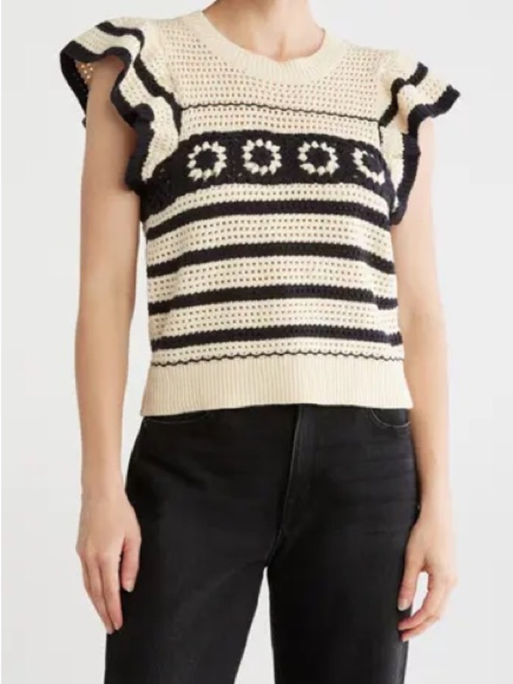 Elie Tahari Crochet Knit Ruffle Sleeve Sweater Top Coastal Grandmother Boho Chic